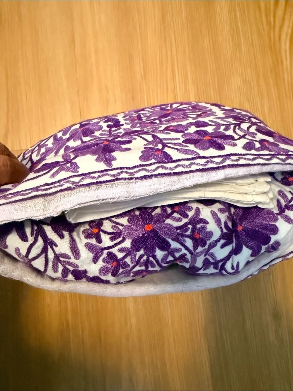 Embroidered Cream Table Linen with Violet Floral Design